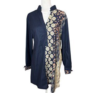 Chico's 3 16/XL No-Iron Chic Stretch Mixed Print Tunic Popover Top Navy Beige